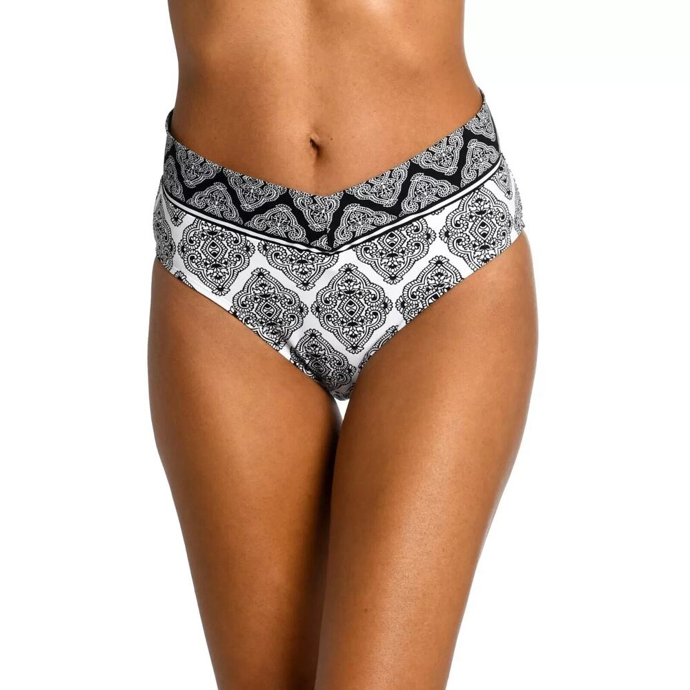 La Blanca Oasis Tile V-Front High-Waist Bikini Bottom Geometric White Black 8